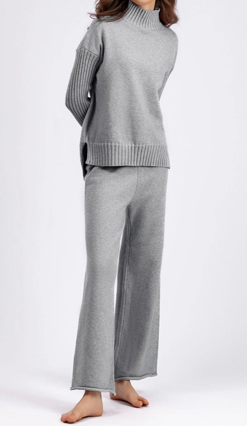 Basic Rib Knit Loose Sweater Wide Leg Pant 2 Piece Set
