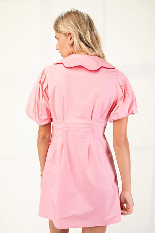 Pink Puff Sleeve Button up Dress