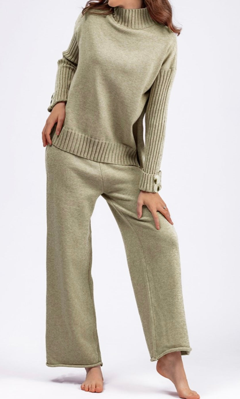 Basic Rib Knit Loose Sweater Wide Leg Pant 2 Piece Set