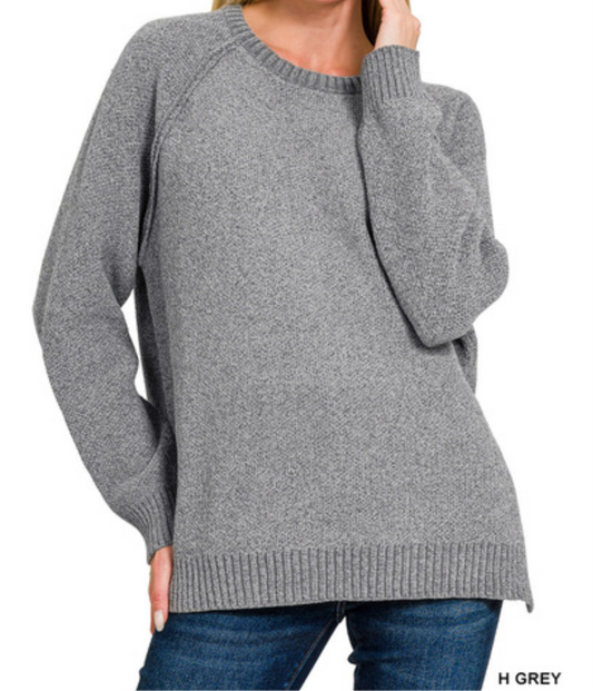 CHENILLE ROUND NECK RAGLAN LONG SLEEVE SWEATER - Grey