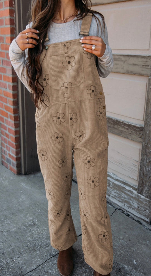 Floral Corduroy Pocketed Overalls