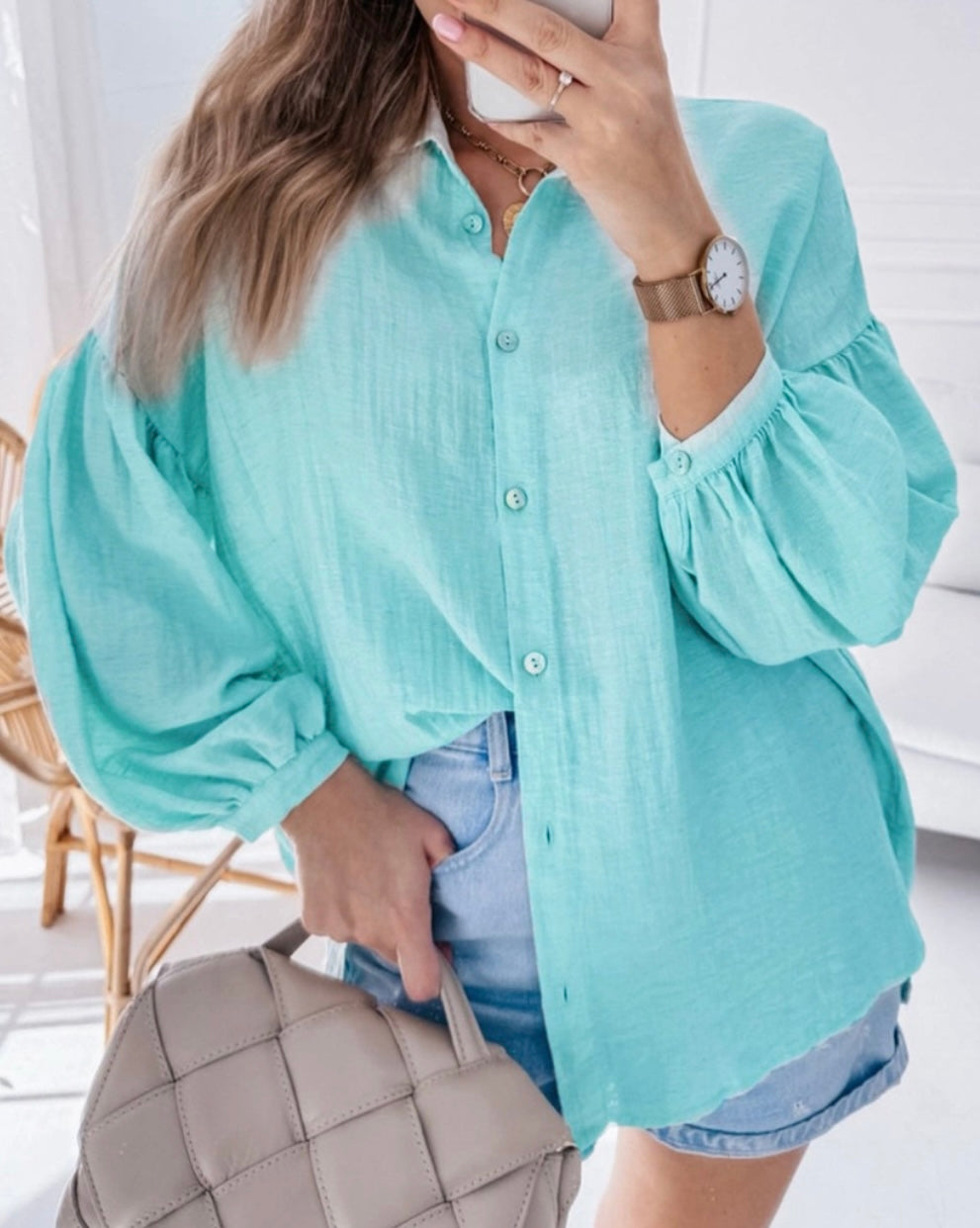 Solid Puff Sleeve Buttoned Shirt