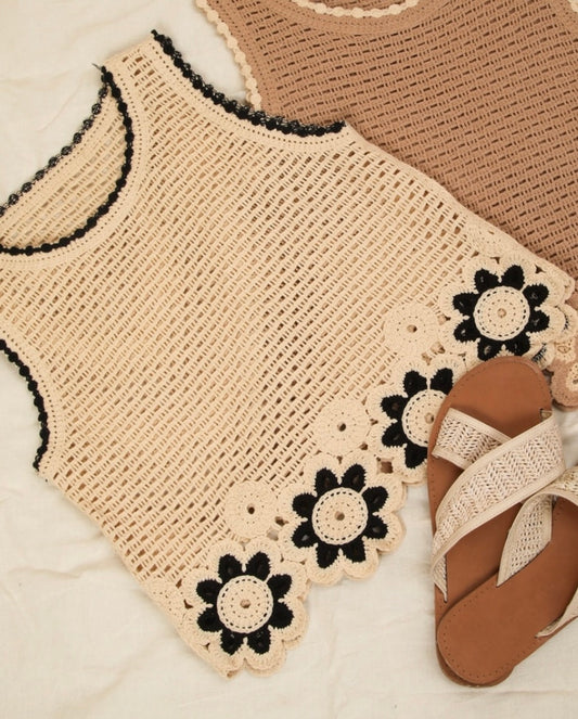 Floral Trim Back & White Detail Crochet Top