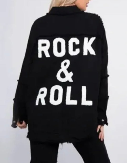 ‎Black Rock & Roll Concert Frayed Denim Shirt Jacket