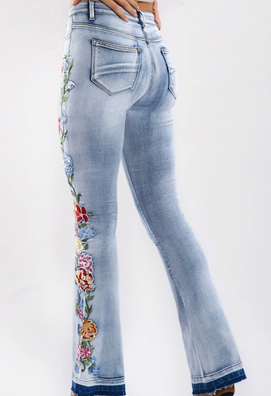 Floral Embellished Flare Light Blue Jeans