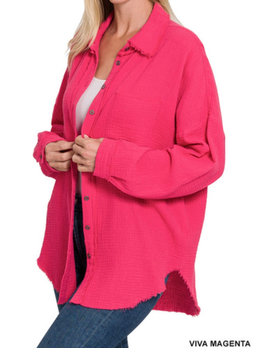 DOUBLE GAUZE OVERSIZED RAW EDGE SHIRT - Magenta