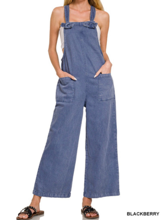 WASHED KNOT STRAP POCKETS JUMPSUIT