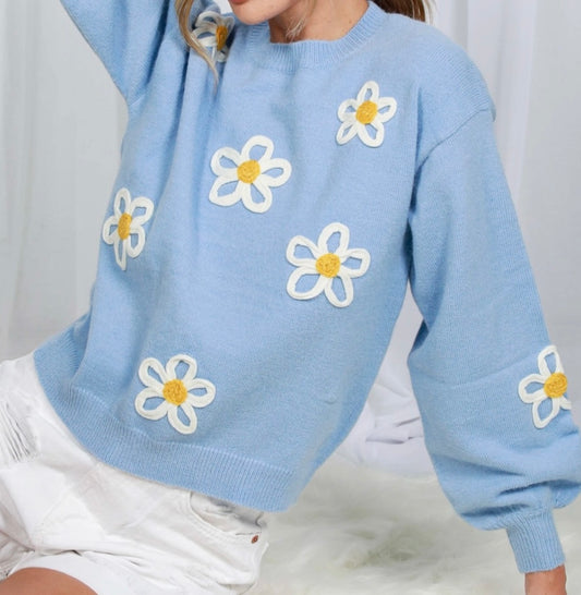 Crew Neck Balloon Sleeve Floral Embroidered Sweater - Blue