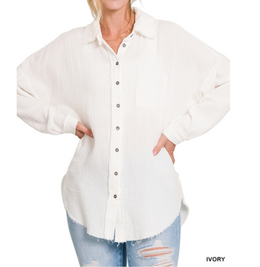 DOUBLE GAUZE OVERSIZED RAW EDGE SHIRT