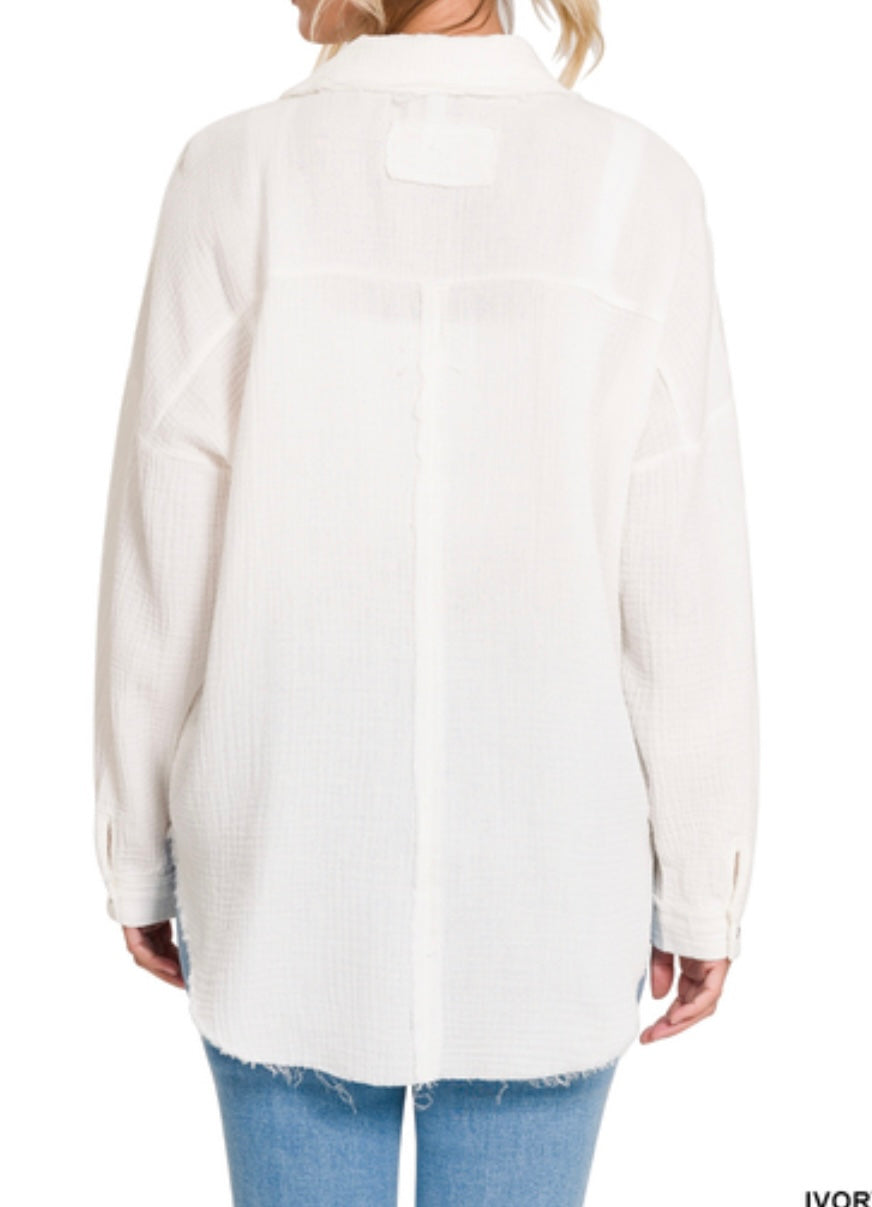 DOUBLE GAUZE OVERSIZED RAW EDGE SHIRT