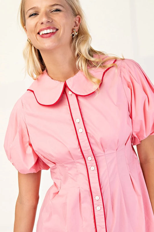 Pink Puff Sleeve Button up Dress