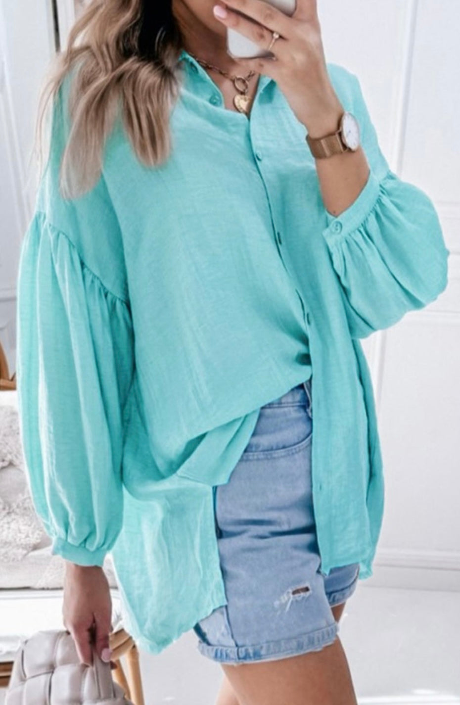 Solid Puff Sleeve Buttoned Shirt