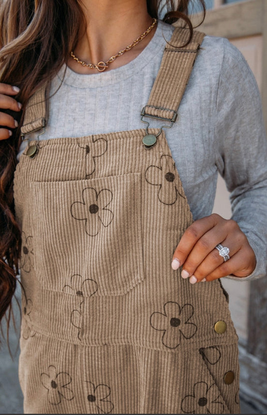 Floral Corduroy Pocketed Overalls