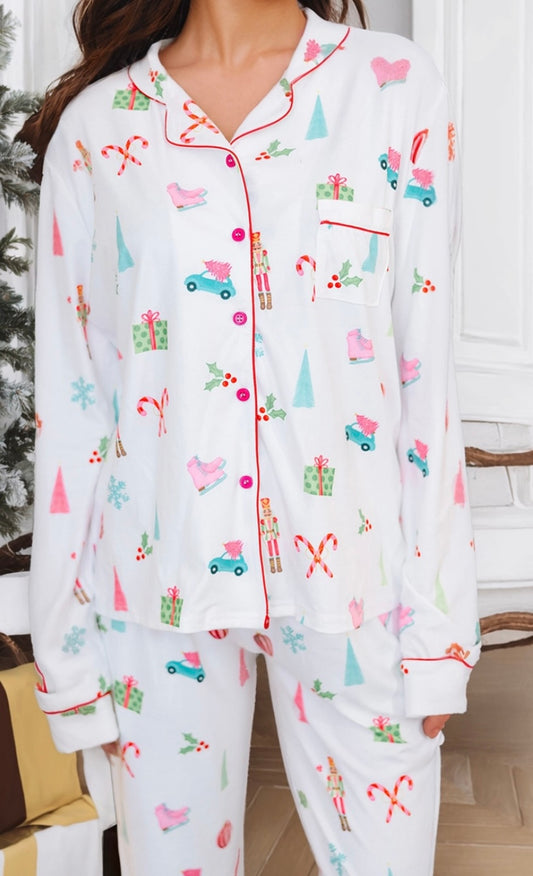 Christmas Print Lapel Shirt and Pants Lounge Set