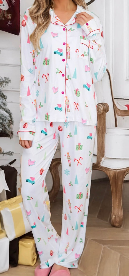 Christmas Print Lapel Shirt and Pants Lounge Set