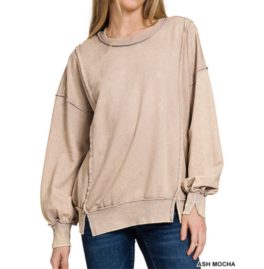 ACID WASH F/TERRY EXPOSED-SEAM SWEATSHIRT - ash mocha