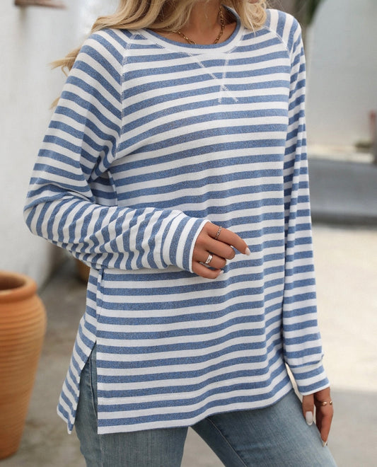 Striped Contrast Crew Neck Long Sleeve Loose Top