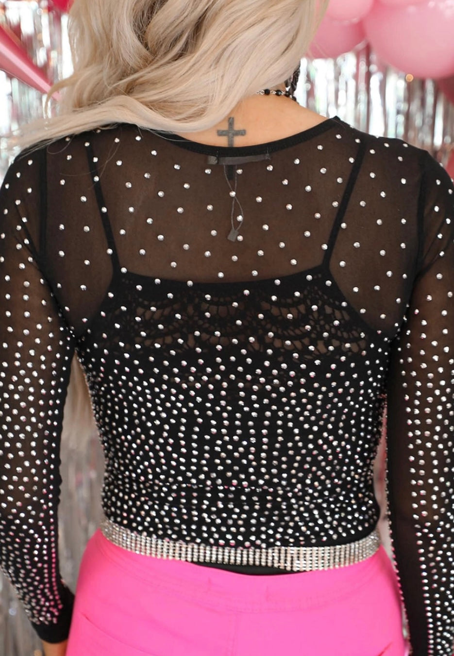 Black Rhinestone Embellished Mesh Long Sleeve Bodysuit