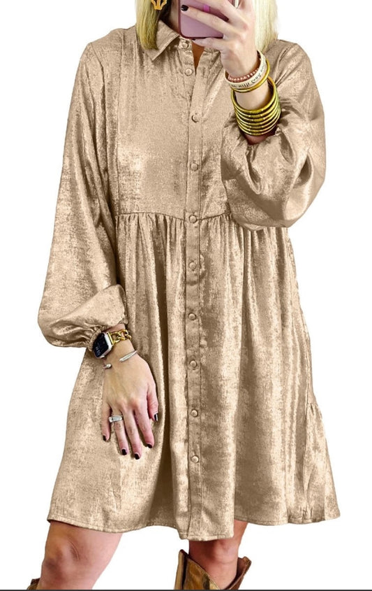 Metallic Sheen Puff Sleeve Mini Dress