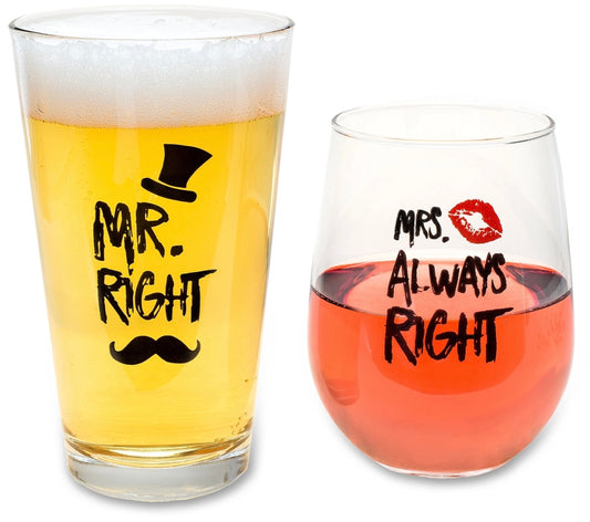 Mr Right and Mrs Always Right Beer & Wine glass set