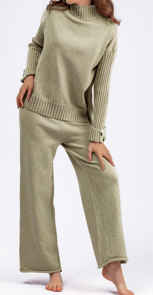 Basic Rib Knit Loose Sweater Wide Leg Pant 2 Piece Set