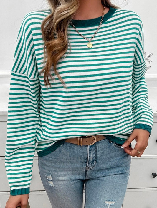 Striped Crew Neck Long Sleeved Pullover Sweater