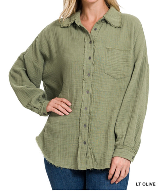 DOUBLE GAUZE OVERSIZED RAW EDGE SHIRT - Lt Olive