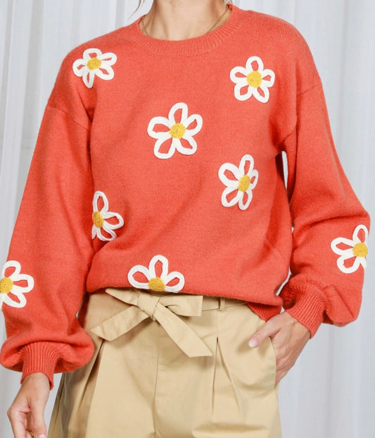 Crew Neck Balloon Sleeve Floral Embroidered Sweater - Rust