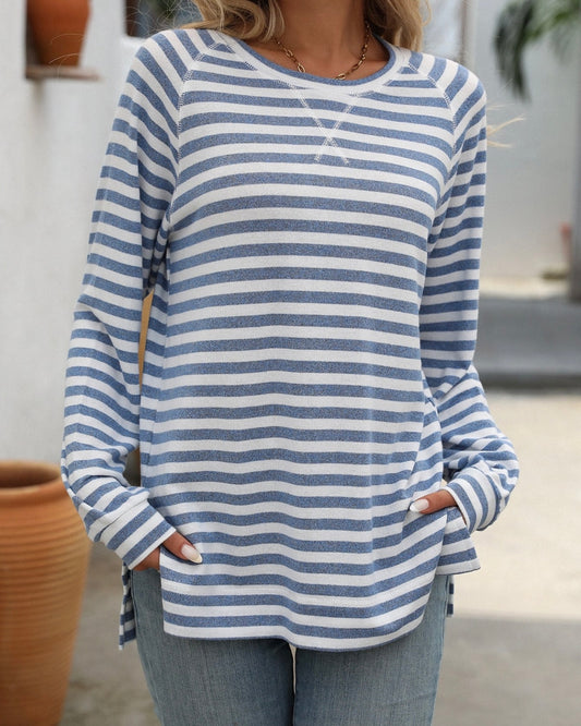 Striped Contrast Crew Neck Long Sleeve Loose Top