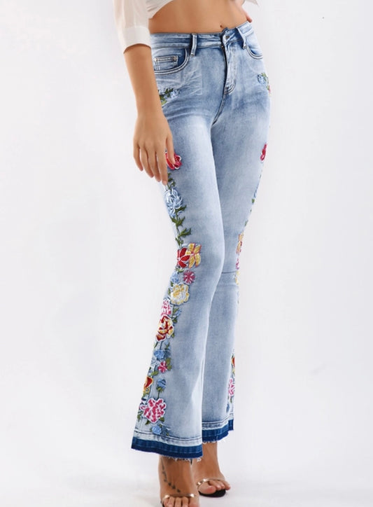 Floral Embellished Flare Light Blue Jeans