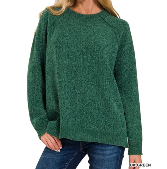 CHENILLE ROUND NECK RAGLAN LONG SLEEVE SWEATER - dark green