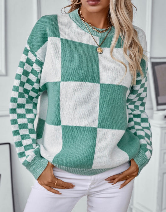 Contrasting Checked Pullover Knit Sweater