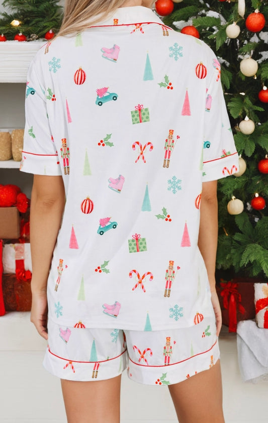 Christmas Print Short Sleeve Shirt and Shorts Loungewear