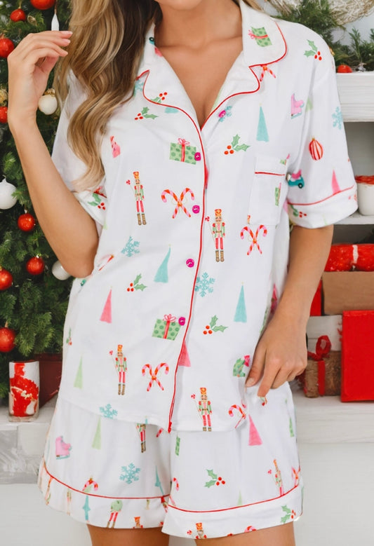 Christmas Print Short Sleeve Shirt and Shorts Loungewear