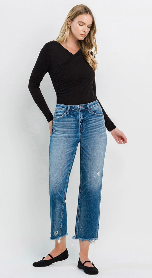 Flying Monkey High Rise Frayed Hem Crop Straight Jeans