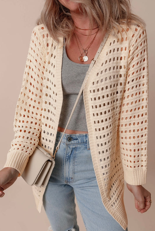 Solid Hollowed Knit Open Cardigan