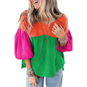 crinkle bubble sleeve color block top