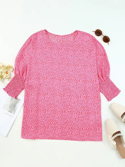 smocked sleeve leopard top